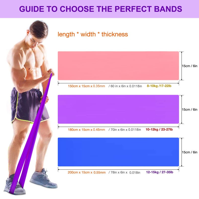 ERUW Resistance Bands Set, 3 Pack Professional Latex Elastic Bands for Home or Gym Upper & Lower Body Exercise, Physical Therapy, Strength Training, Yoga, Pilates, Rehab, Blue & Purple & Pink - Image 2